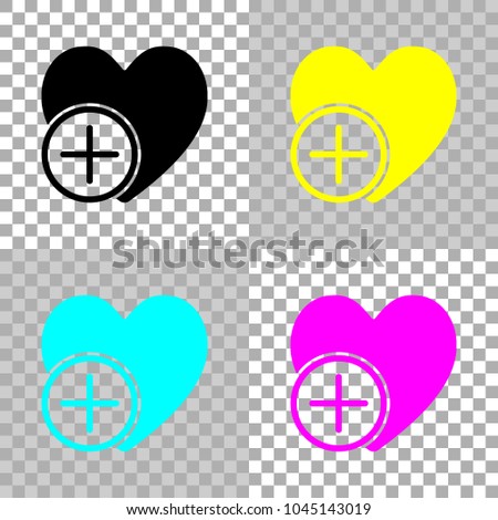 heart and plus. simple silhouette. Colored set of cmyk icons on transparent background