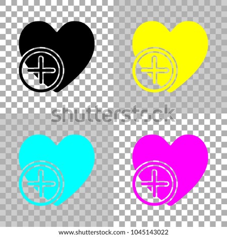 heart and plus. simple silhouette. Colored set of cmyk icons on transparent background