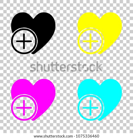 heart and plus. simple silhouette. Colored set of cmyk icons on 