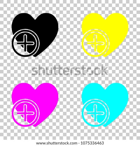 heart and plus. simple silhouette. Colored set of cmyk icons on 