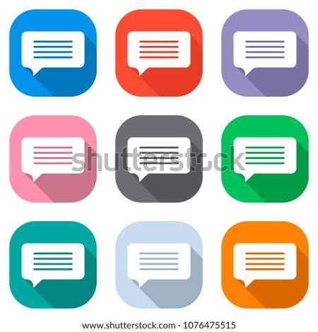 message cloud icon. Set of white icons on colored squares for ap