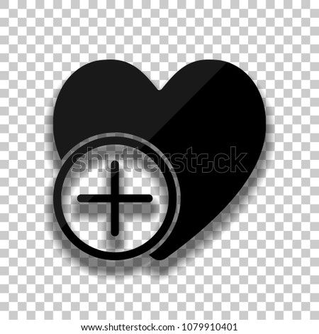 heart and plus. simple silhouette. Black glass icon with soft shadow on transparent background