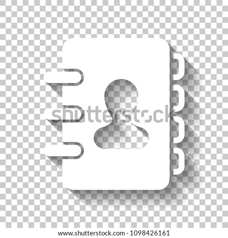 address book with person on cover. simple icon. White icon with shadow on transparent background