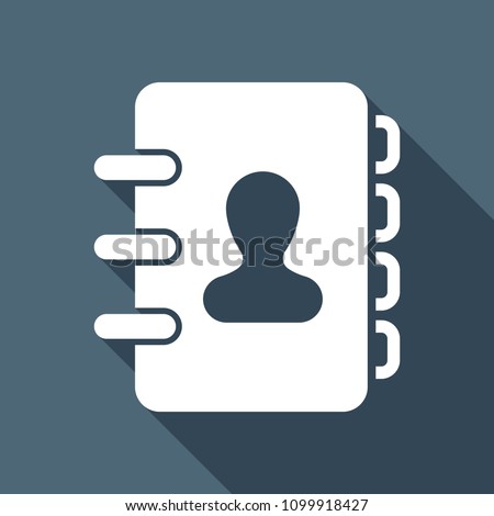 address book with person on cover. simple icon. White flat icon with long shadow on background