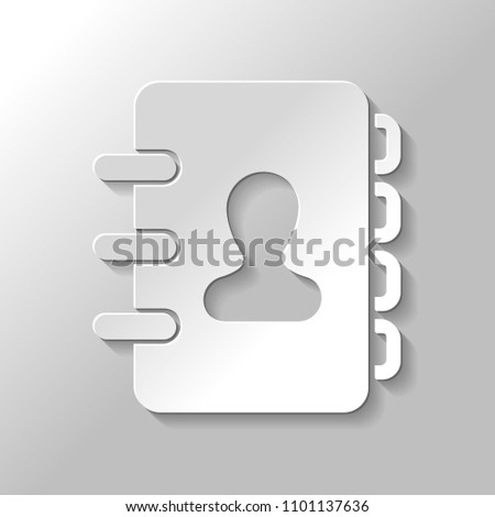 address book with person on cover. simple icon. Paper style with shadow on gray background
