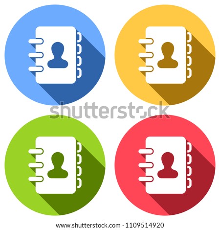 address book with person on cover. simple icon. Set of white icons with long shadow on blue, orange, green and red colored circles. Sticker style