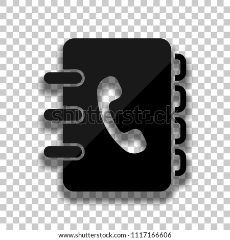 address book with phone sign on cover. simple icon. Black glass icon with soft shadow on transparent background