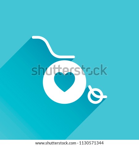 wheelchair and heart, outline icon. Gray icon with long shadow in bottom left corner on blue background