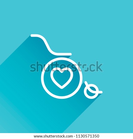 wheelchair and heart, outline icon. Gray icon with long shadow in bottom left corner on blue background