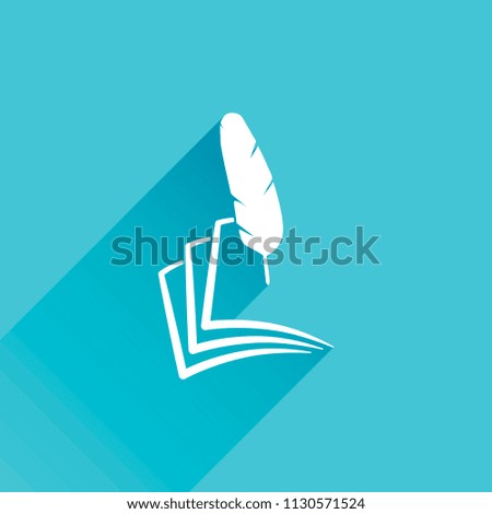 feather and paper. simple silhouette. Gray icon with long shadow in bottom left corner on blue background