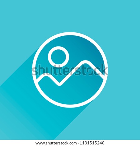 Simple picture icon. Linear symbol, thin outline. Gray icon with long shadow in bottom left corner on blue background