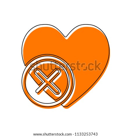 heart with cross. simple silhouette. Isolated icon consisting of black thin contour and orange moved filling on different layers. White background