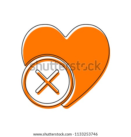 heart with cross. simple silhouette. Isolated icon consisting of black thin contour and orange moved filling on different layers. White background