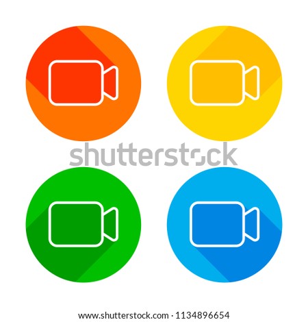 Video camera icon. Linear, thin outline. Flat white icon on colored circles background. Four different long shadows in each corners