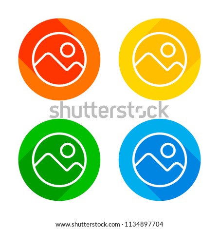 Simple picture icon. Linear symbol, thin outline. Flat white icon on colored circles background. Four different long shadows in each corners