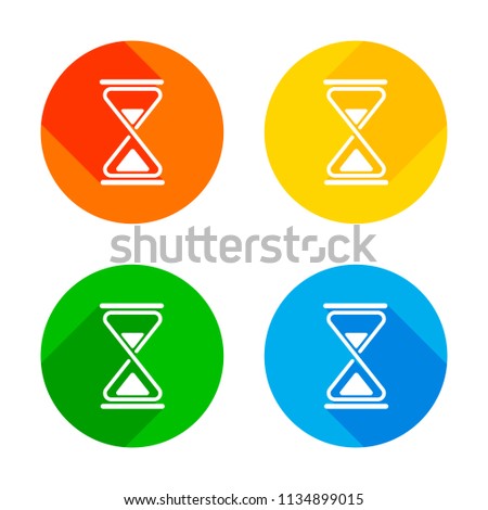 hourglass, simple icon. Flat white icon on colored circles background. Four different long shadows in each corners