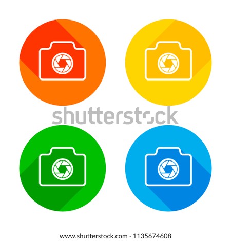 Photo camera, linear symbol with thin outline, simple icon. Flat white icon on colored circles background. Four different long shadows in each corners