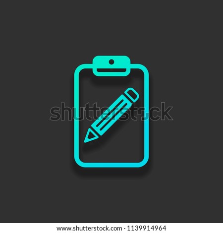 tablet, paper and pencil. Colorful logo concept with soft shadow on dark background. Icon color of azure ocean