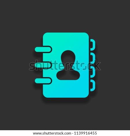 address book with person on cover. simple icon. Colorful logo concept with soft shadow on dark background. Icon color of azure ocean