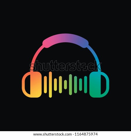 Headphones and music wave. Max volume level. Simple icon. Rainbow color and dark background