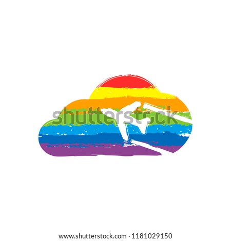 Plane and cloud. Simple icon. Logo. Drawing sign with LGBT style, seven colors of rainbow (red, orange, yellow, green, blue, indigo, violet