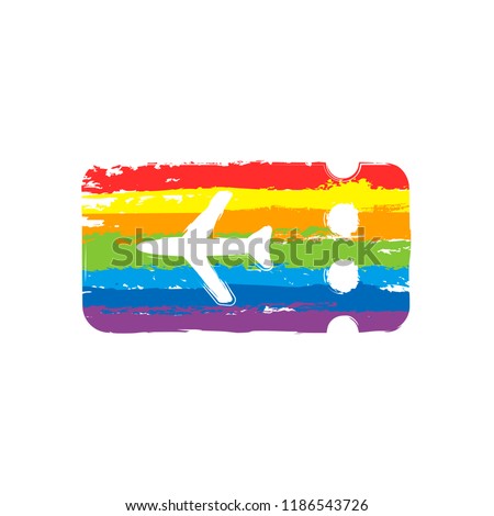 Simple ticket plane icon. Blank card. Drawing sign with LGBT style, seven colors of rainbow (red, orange, yellow, green, blue, indigo, violet