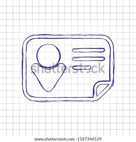 Identification card icon. Linear style. Hand drawn picture on paper sheet. Blue ink, outline sketch style. Doodle on checkered background