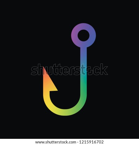 Fishing hook. Simple icon. Rainbow color and dark background
