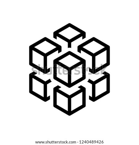 3d cube with eight blocks. Icon of rubik or ice pieces. Black icon on white background