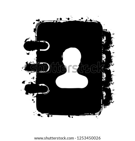 address book with person on cover. simple icon. Black ink with splashes on white background