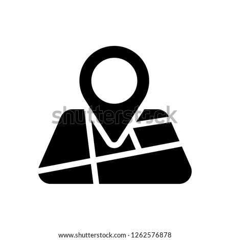 Map with pin, geo locate, pointer icon. Black icon on white background