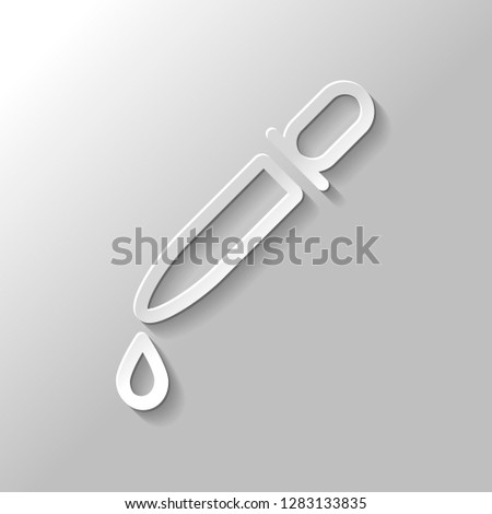 Pipette or dropper and drop, medical instrument, linear outline icon. Paper style with shadow on gray background