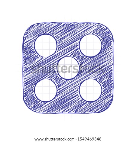 One dice with number five on visible side. Icon of casino games. Hand drawn sketched picture with scribble fill. Blue ink. Doodle on white background