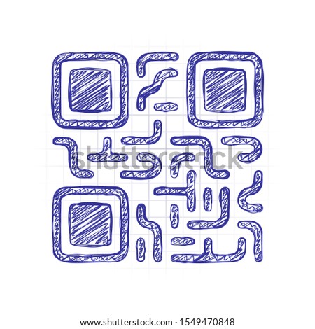 QR code. Technology icon. Hand drawn sketched picture with scribble fill. Blue ink. Doodle on white background