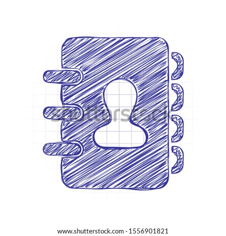 address book with person on cover. simple icon. Hand drawn sketched picture with scribble fill. Blue ink. Doodle on white background