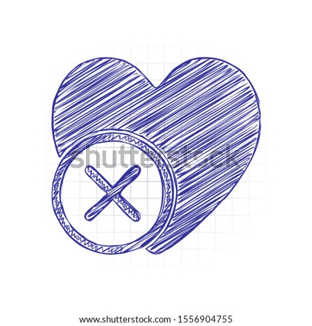 heart with cross. simple silhouette. Hand drawn sketched picture with scribble fill. Blue ink. Doodle on white background