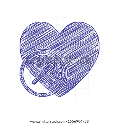 heart with cross. simple silhouette. Hand drawn sketched picture with scribble fill. Blue ink. Doodle on white background