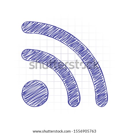 RSS icon. Hand drawn sketched picture with scribble fill. Blue ink. Doodle on white background