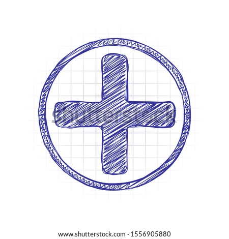 Medical cross icon. Hand drawn sketched picture with scribble fill. Blue ink. Doodle on white background