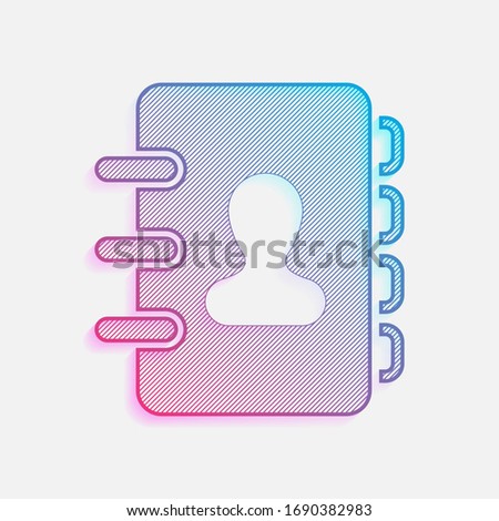 address book with person on cover. simple icon. Colored logo with diagonal lines and blue-red gradient. Neon graphic, light effect