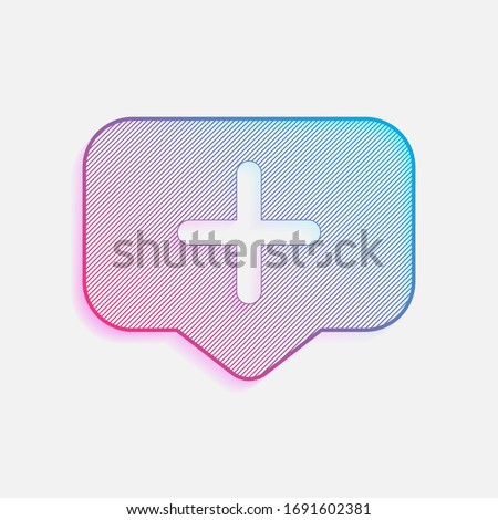 Plus in notification cloud, sign of add or reminder, social icon. Colored logo with diagonal lines and blue-red gradient. Neon graphic, light effect