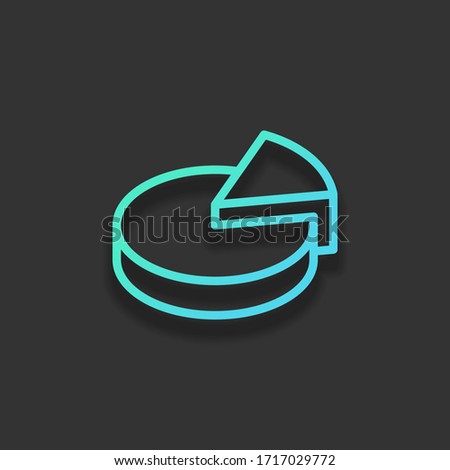 Pie chart, 3d symbol, circle diagram, outline design. Colorful logo concept with soft shadow on dark background. Icon color of azure ocean