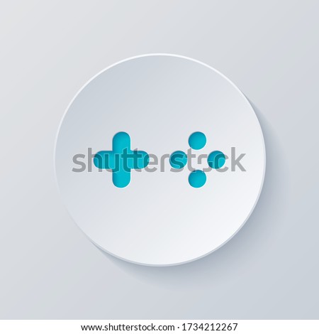 Logo of console or mobile game, controller or joystick, simple icon. Cut circle with gray and blue layers. Paper style