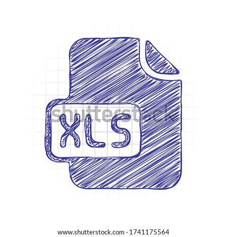 Computer file, xls symbol. Hand drawn sketched picture with scribble fill. Blue ink. Doodle on white background