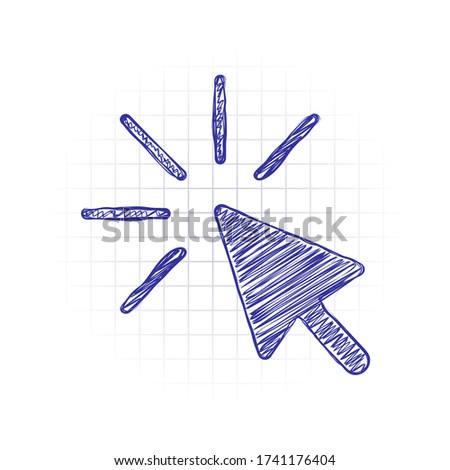 Computer pointer, cursor or mouse arrow, click. Hand drawn sketched picture with scribble fill. Blue ink. Doodle on white background