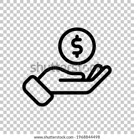 Hand and money, giving a cash, simple icon. Black editable linear symbol on transparent background