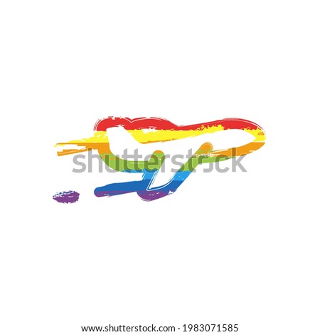 Plane silhouette, simple business icon. Drawing sign with LGBT style, seven colors of rainbow (red, orange, yellow, green, blue, indigo, violet