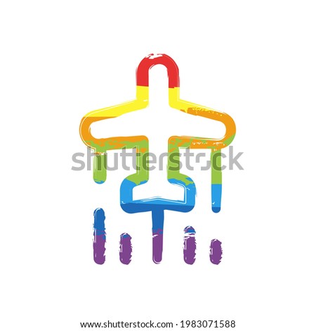 Plane silhouette, simple business icon. Drawing sign with LGBT style, seven colors of rainbow (red, orange, yellow, green, blue, indigo, violet