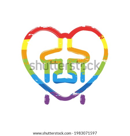 Plane and heart, love of travel, simple business icon. Drawing sign with LGBT style, seven colors of rainbow (red, orange, yellow, green, blue, indigo, violet