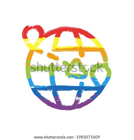 Globe and plane, air travel, around the world, simple business icon. Drawing sign with LGBT style, seven colors of rainbow (red, orange, yellow, green, blue, indigo, violet